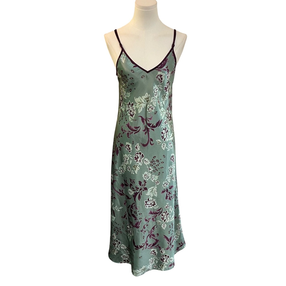 Vintage Halston 90s Fairycore Grunge Floral Satin Slip Green Purple Dress Small - Picture 2 of 8